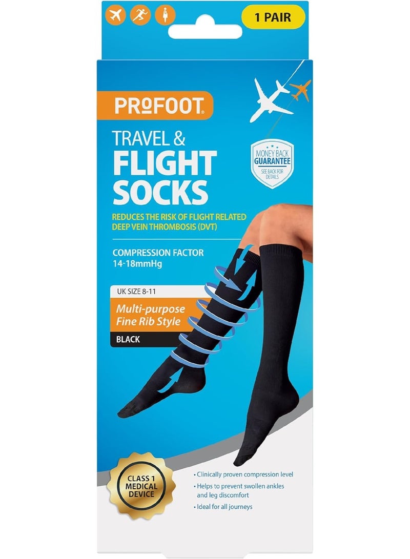 ProFoot Travel & Flight Black Socks Multi-Purpose Fine Rib Style Reduces The Risk Of Dvt Compression Factor 14-18mmhg 8-11 Uk Size 1 Pair - Image 1